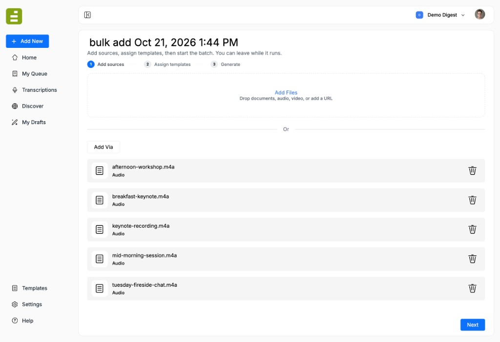 Bulk add on Add sources, with five audio files ready and Next available