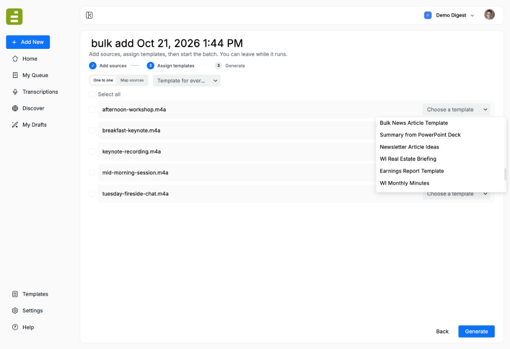 One to one assignment with Choose a template open on Bulk News Article Template