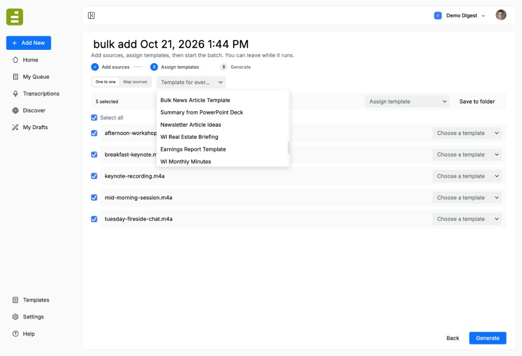 Five sources selected, with Assign template open on the shared template list
