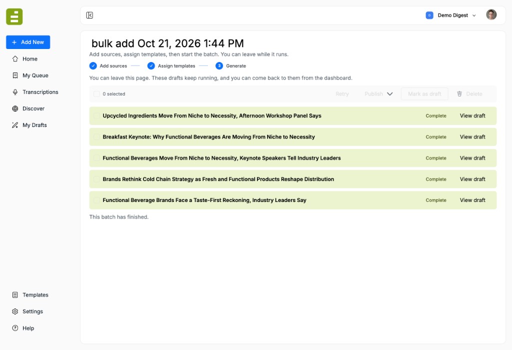Finished batch with five completed drafts and View draft on each row