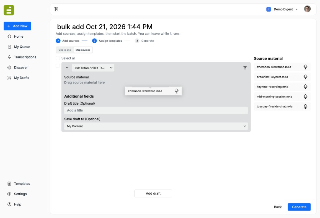 Dragging an audio file from Source material onto a draft card