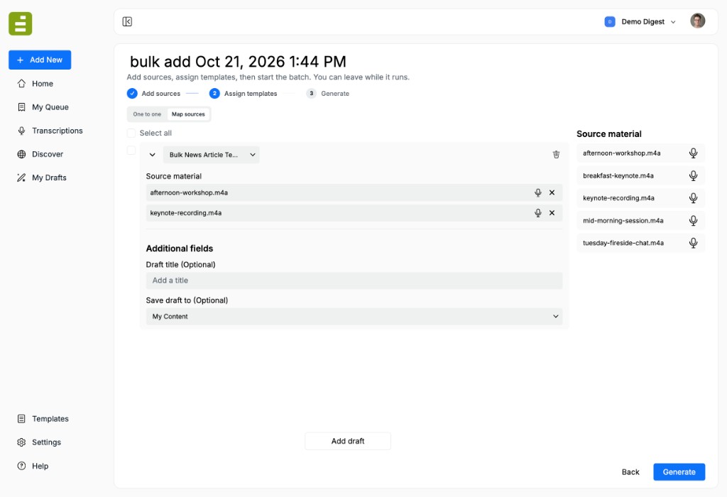 A draft card with two audio files dropped in, and the remaining files in Source material