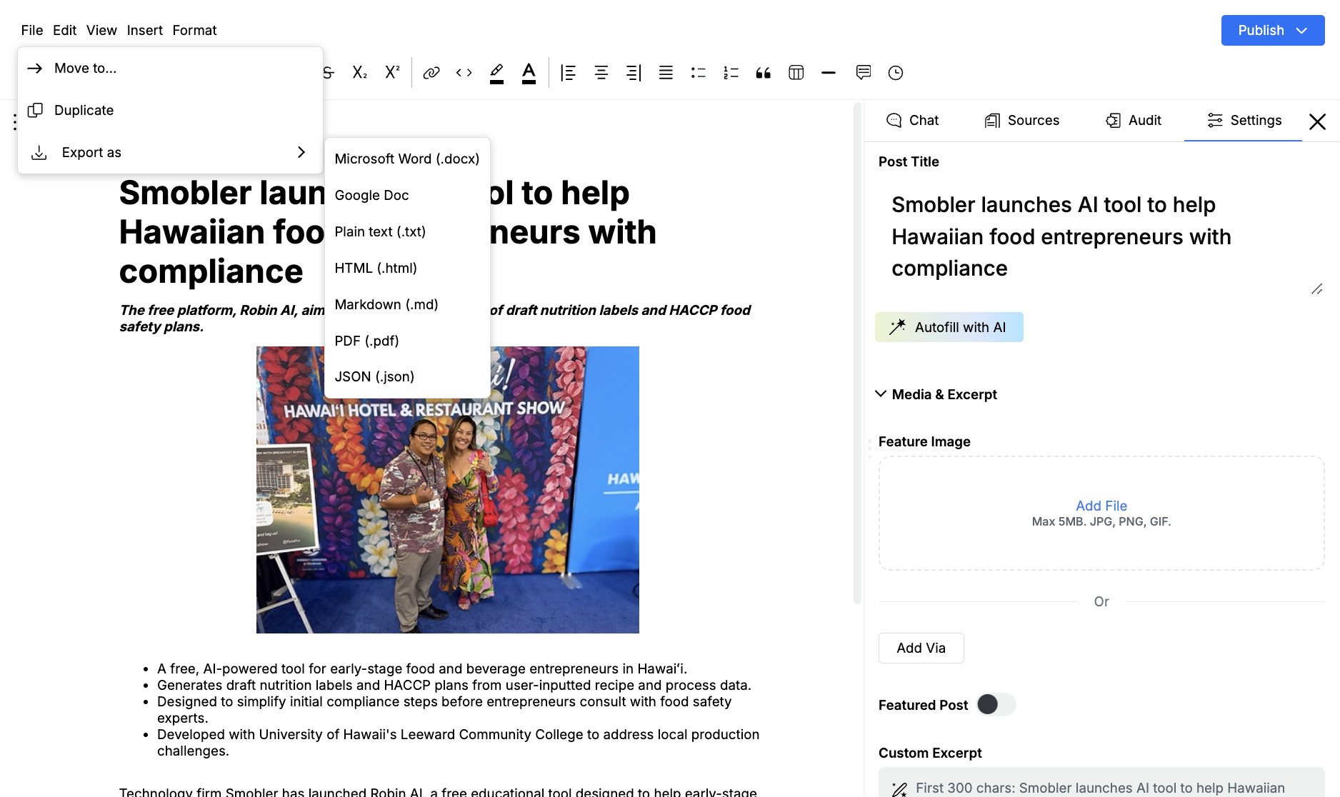 File menu with Export as open, listing Word, Google Doc, text, HTML, Markdown, PDF, and JSON