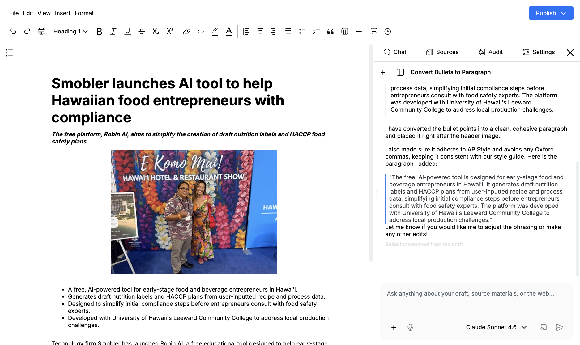 Content Studio with a news draft in the editor and Chat open on the right