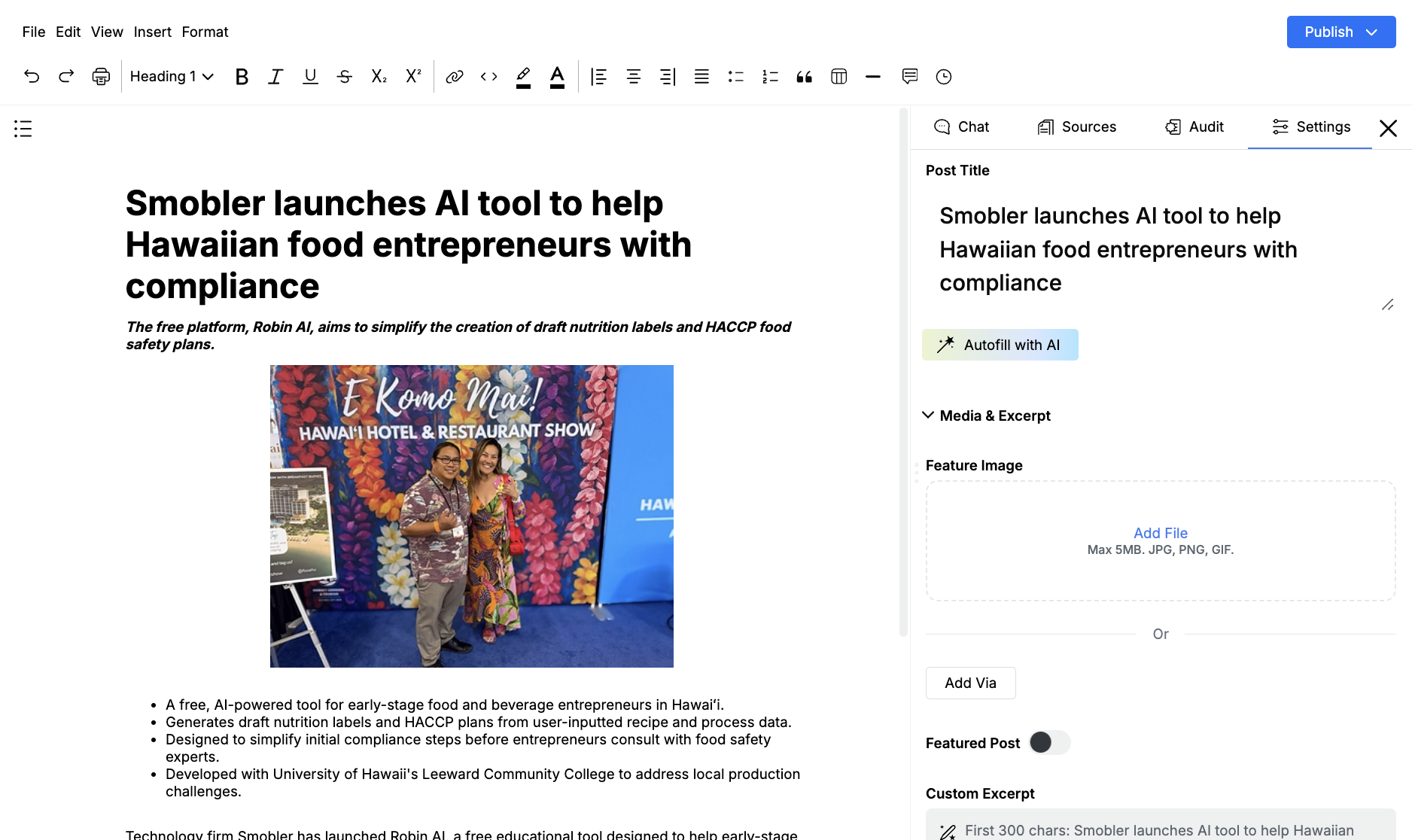 Settings tab with Post Title, Autofill with AI, Feature Image, and Custom Excerpt
