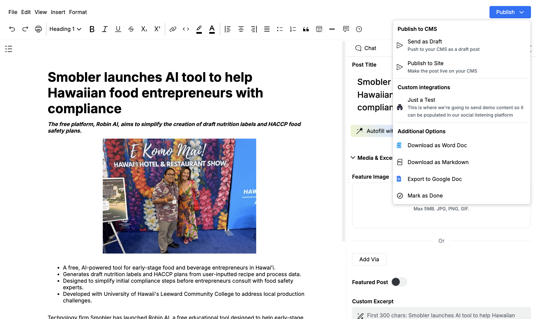 Publish menu with Send as Draft, Publish to Site, a custom integration, and download options