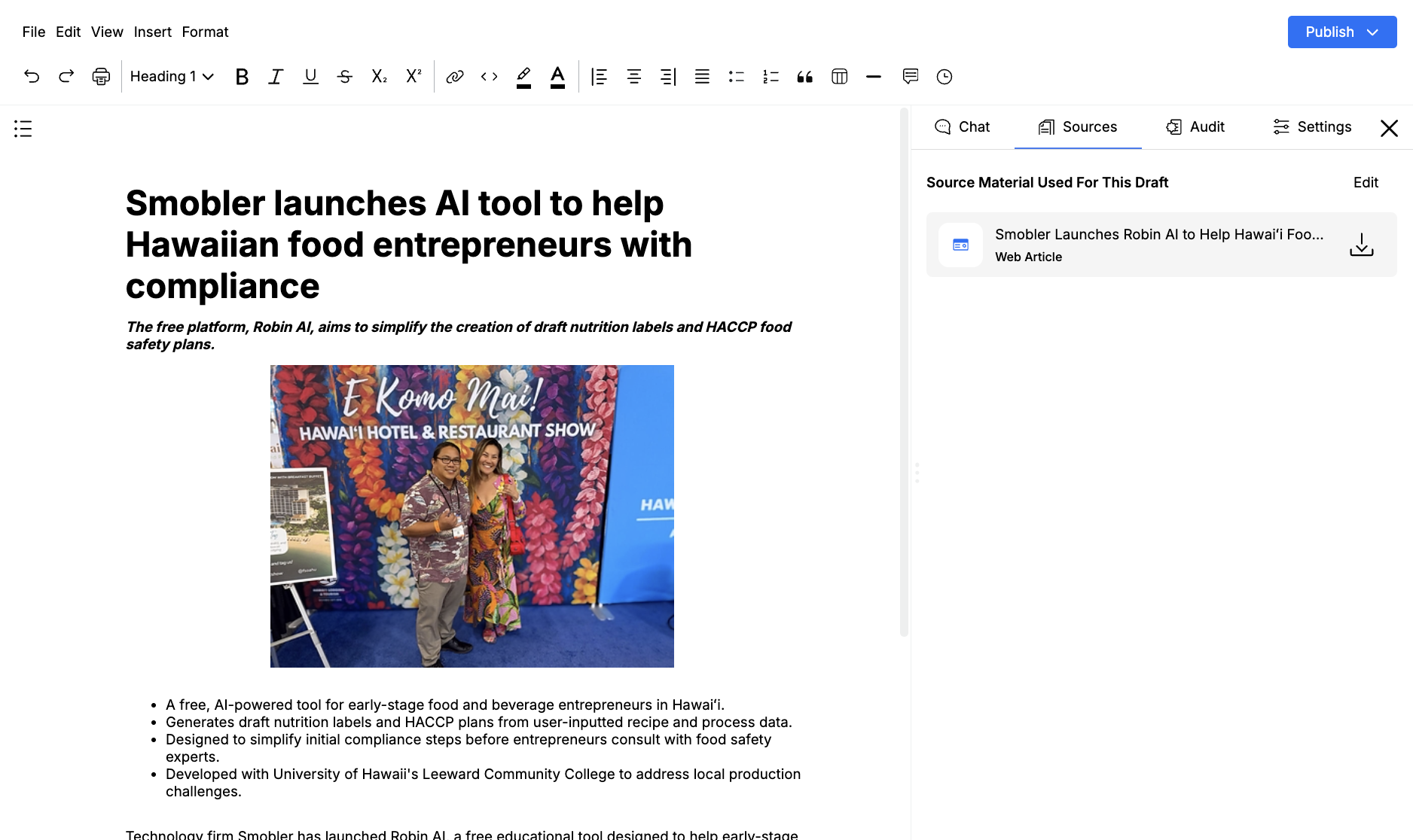 Sources tab with a web article attached to the draft and an Edit button