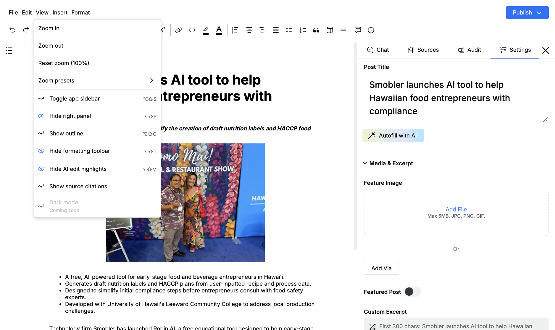 View menu with zoom, hide right panel, hide formatting toolbar, and source citations