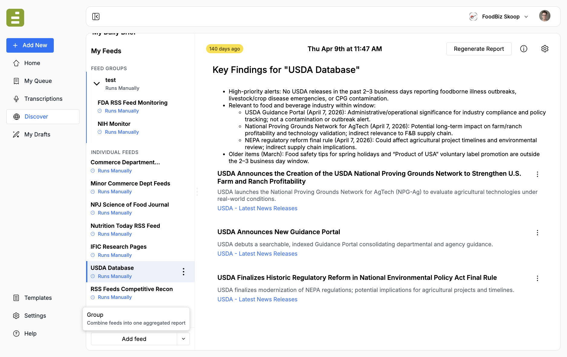 Add feed dropdown open on Group, Combine feeds into one aggregated report