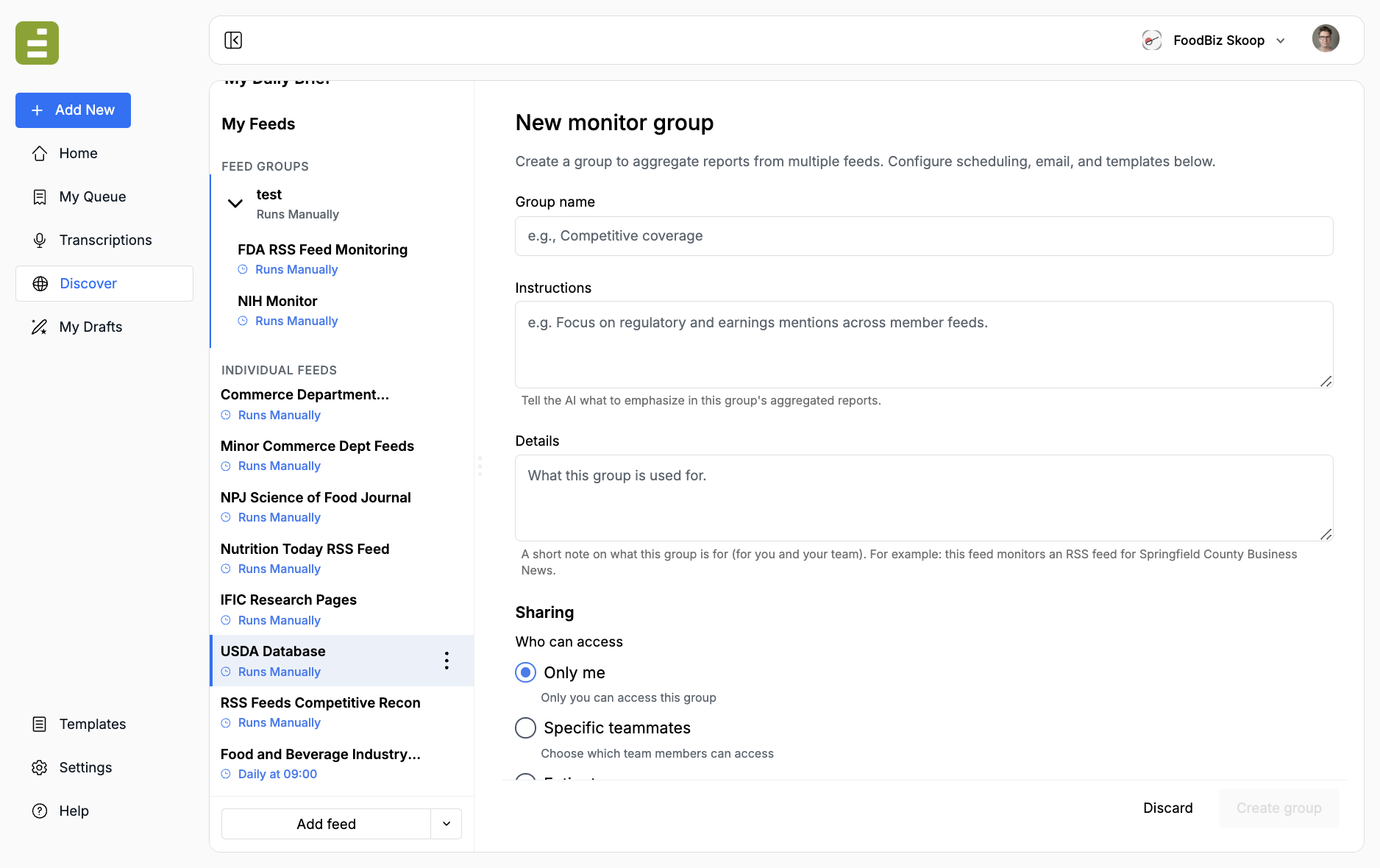 New monitor group form with group name, instructions, details, sharing, and member feeds