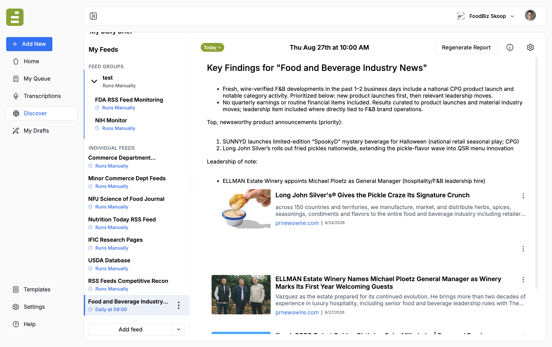 Discover with My Feeds on the left and a Key Findings report for Food and Beverage Industry News