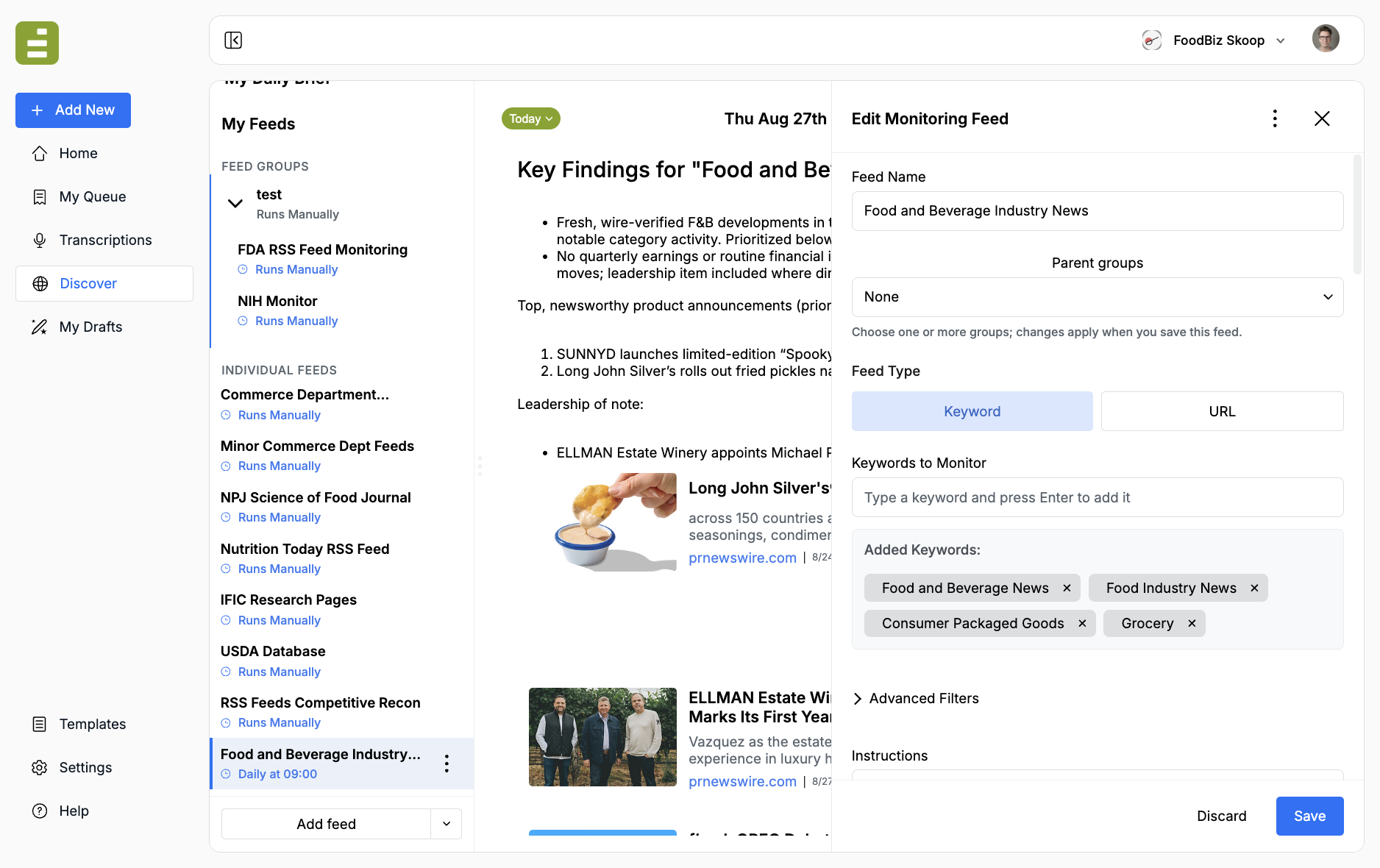Edit Monitoring Feed for a keyword feed, with keywords, parent groups, and Instructions