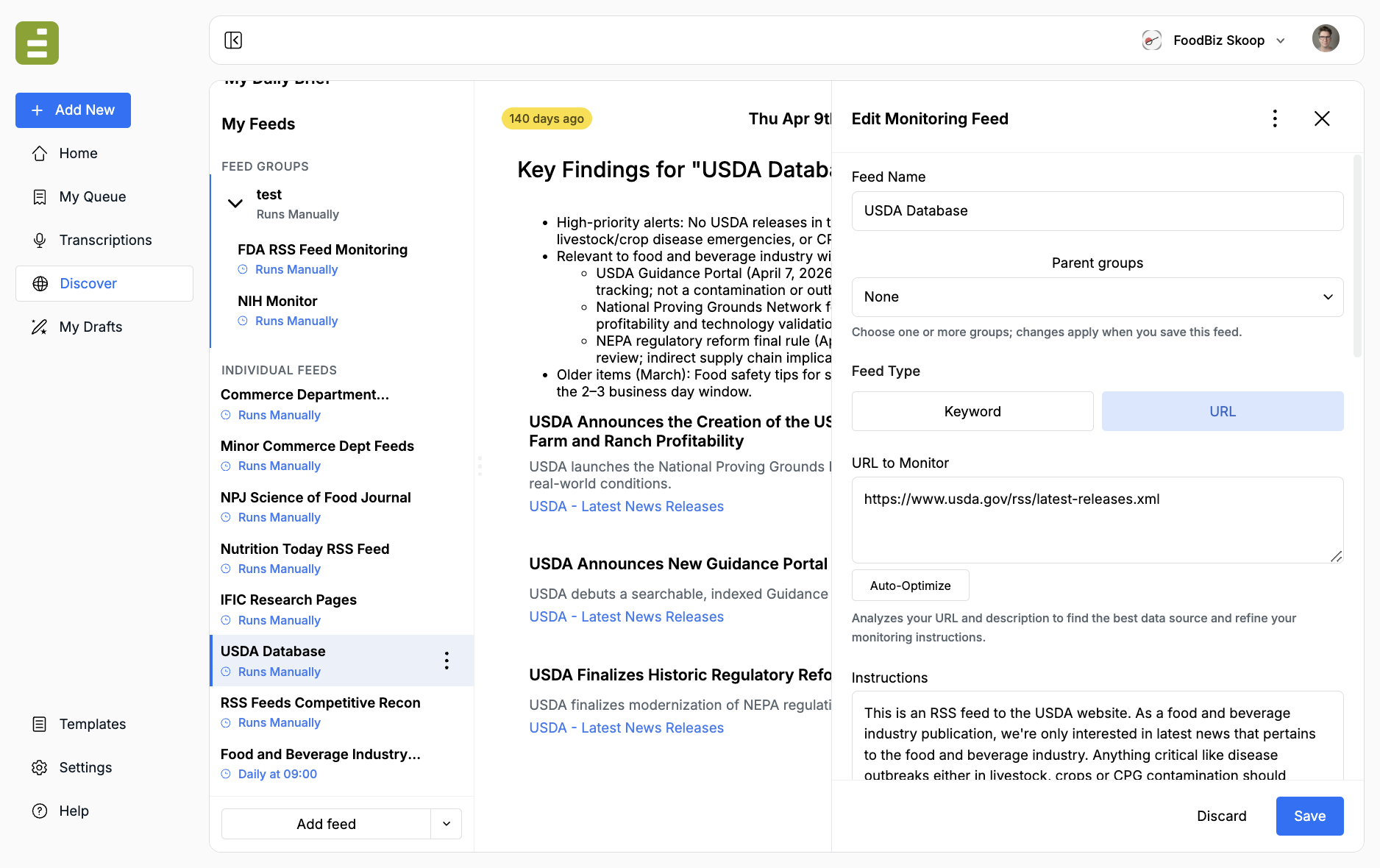 Edit Monitoring Feed for a URL feed, with URL to Monitor, Auto-Optimize, and Instructions