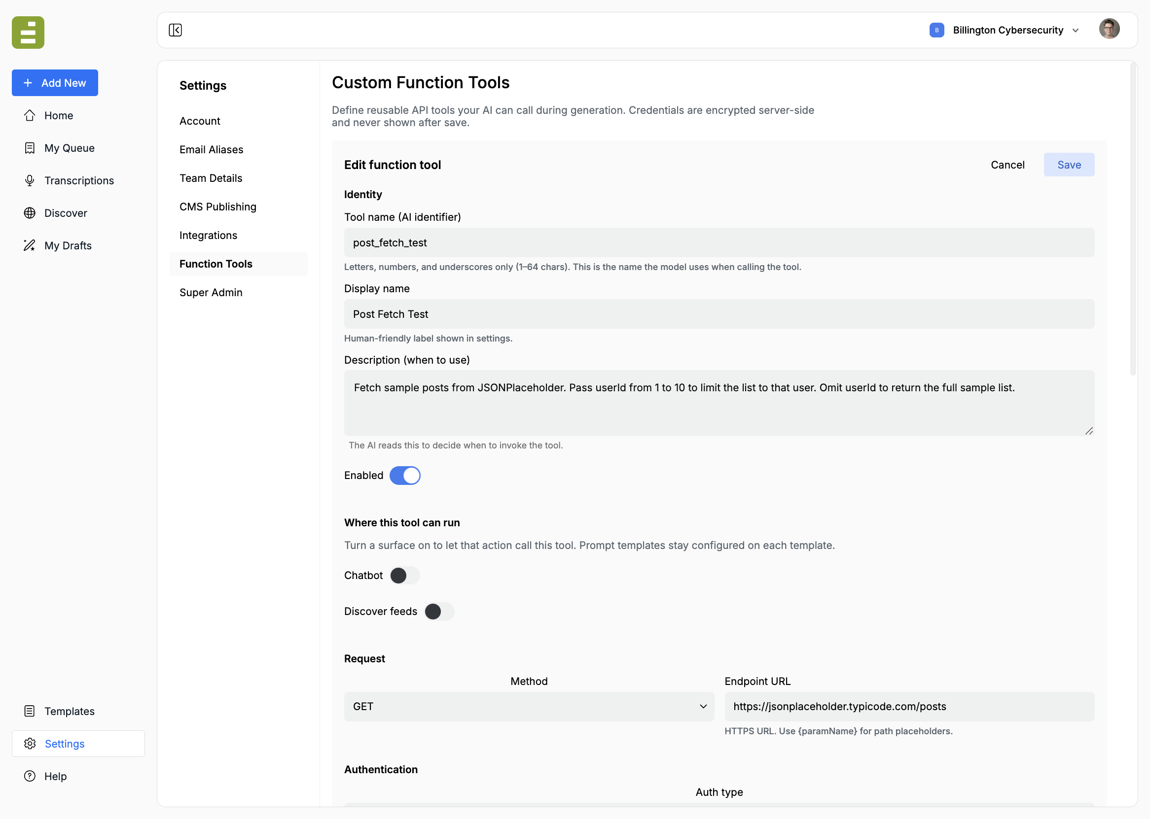 The function tool form with name, display name, description, Enabled, Chatbot, Discover feeds, and the request
