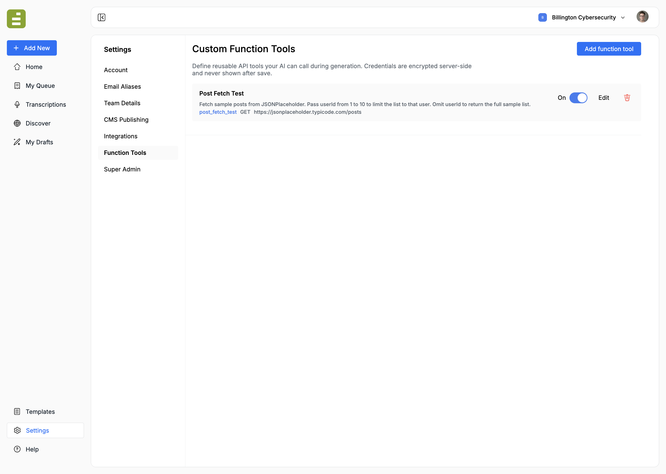 Settings → Function Tools with Post Fetch Test enabled