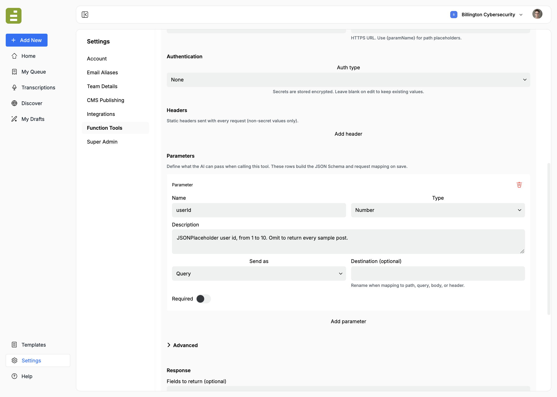 A userId parameter sent as a query, with Authentication set to None
