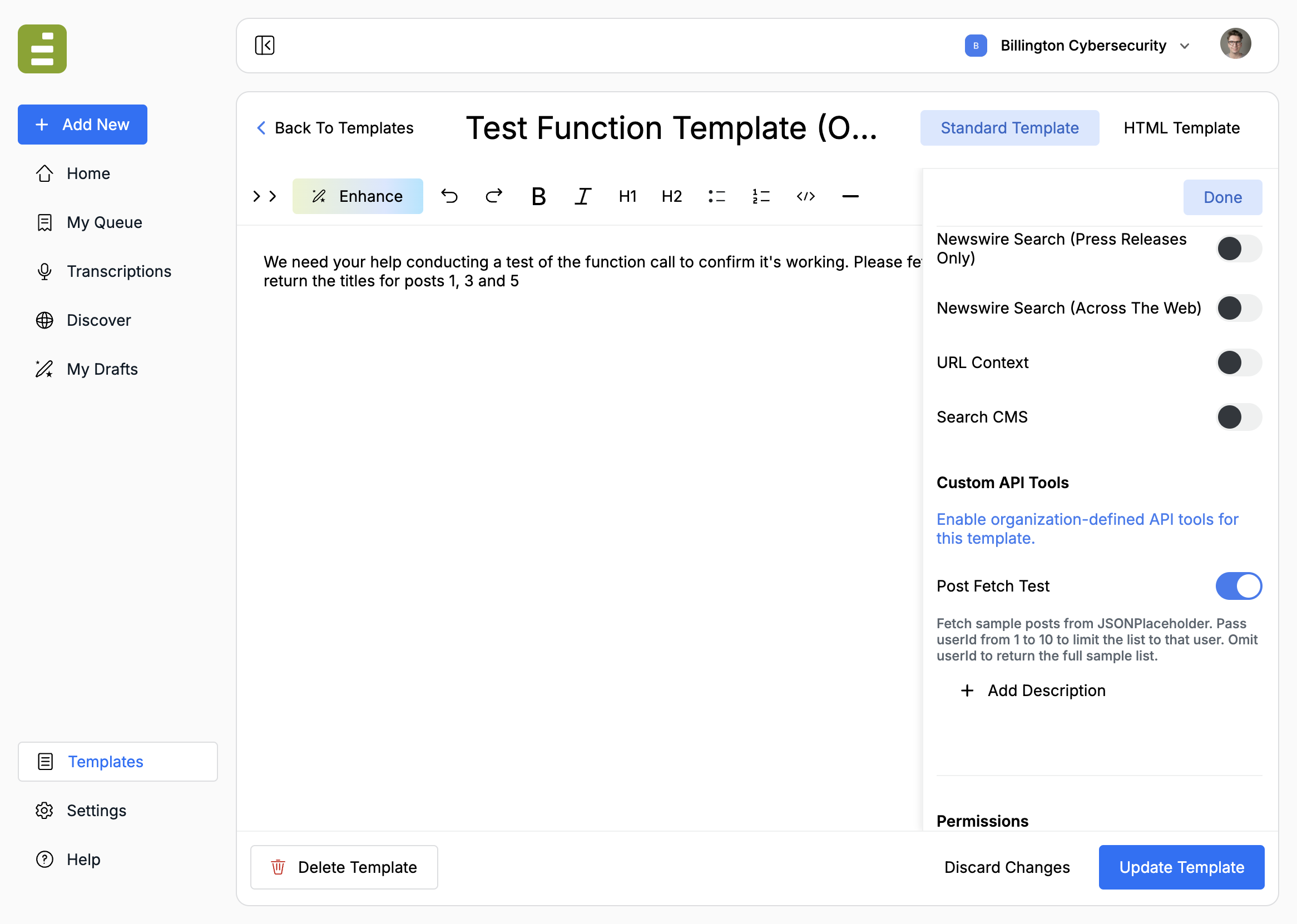 Template settings with Post Fetch Test enabled under Custom API Tools
