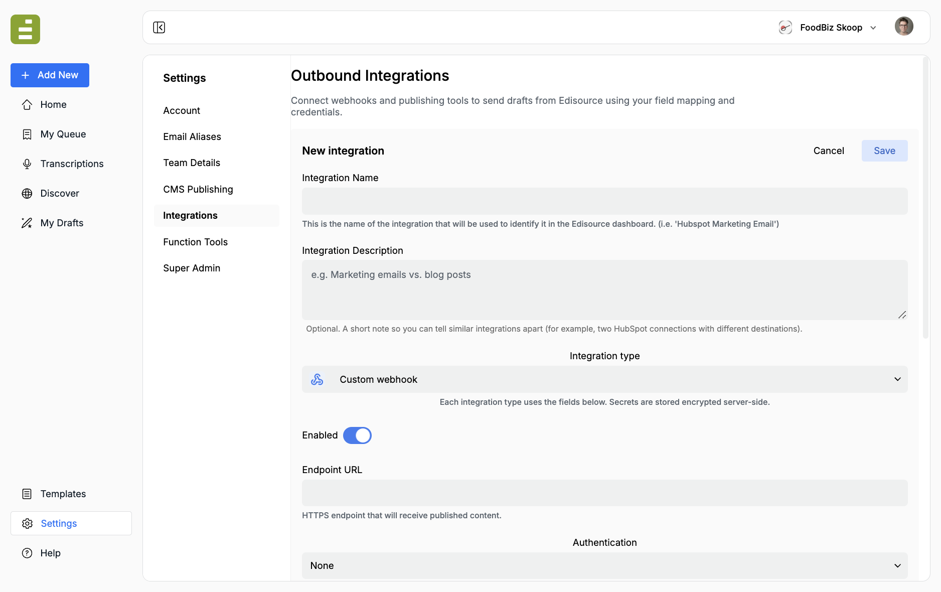 Custom webhook with endpoint URL and authentication