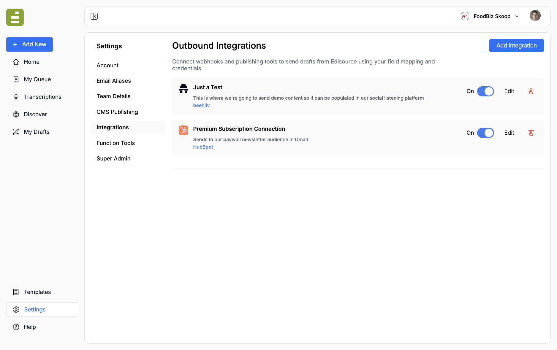 Settings → Integrations with outbound connectors listed