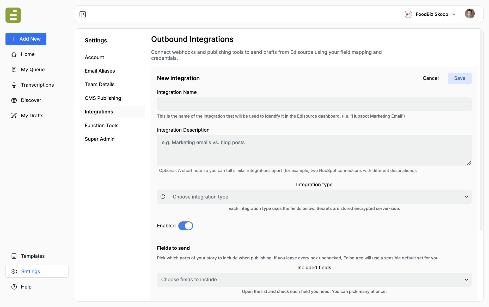 New integration form with name, description, type, enabled toggle, and fields to send