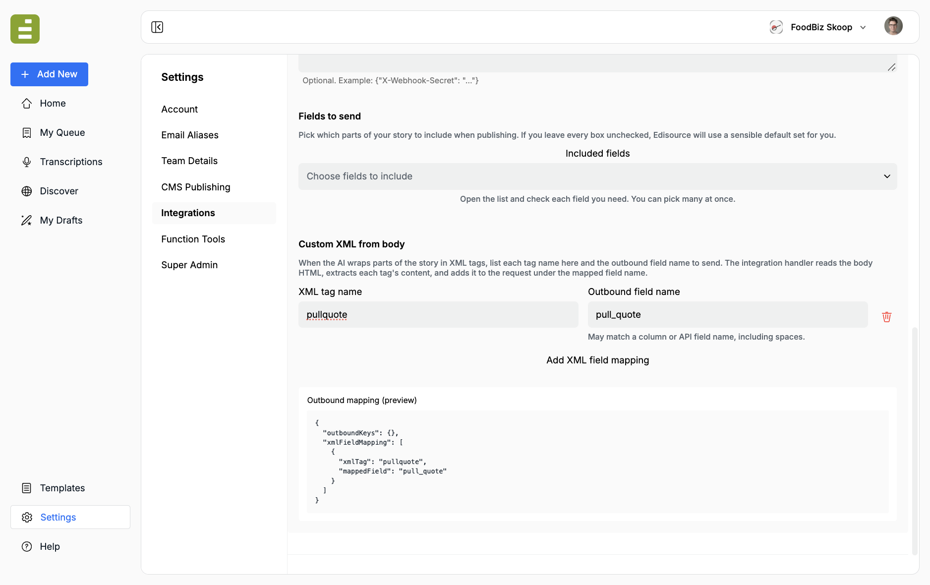 Custom XML from body with pullquote mapped to pull_quote and the outbound mapping preview