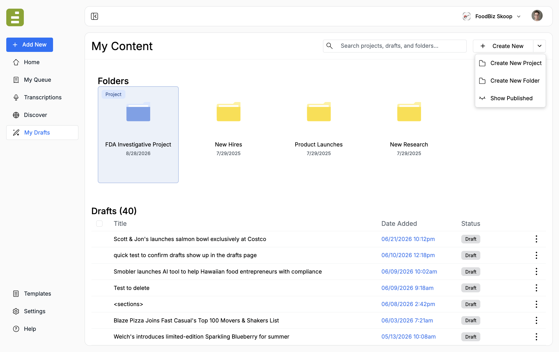 Create New split menu with Create New Project, Create New Folder, and Show Published
