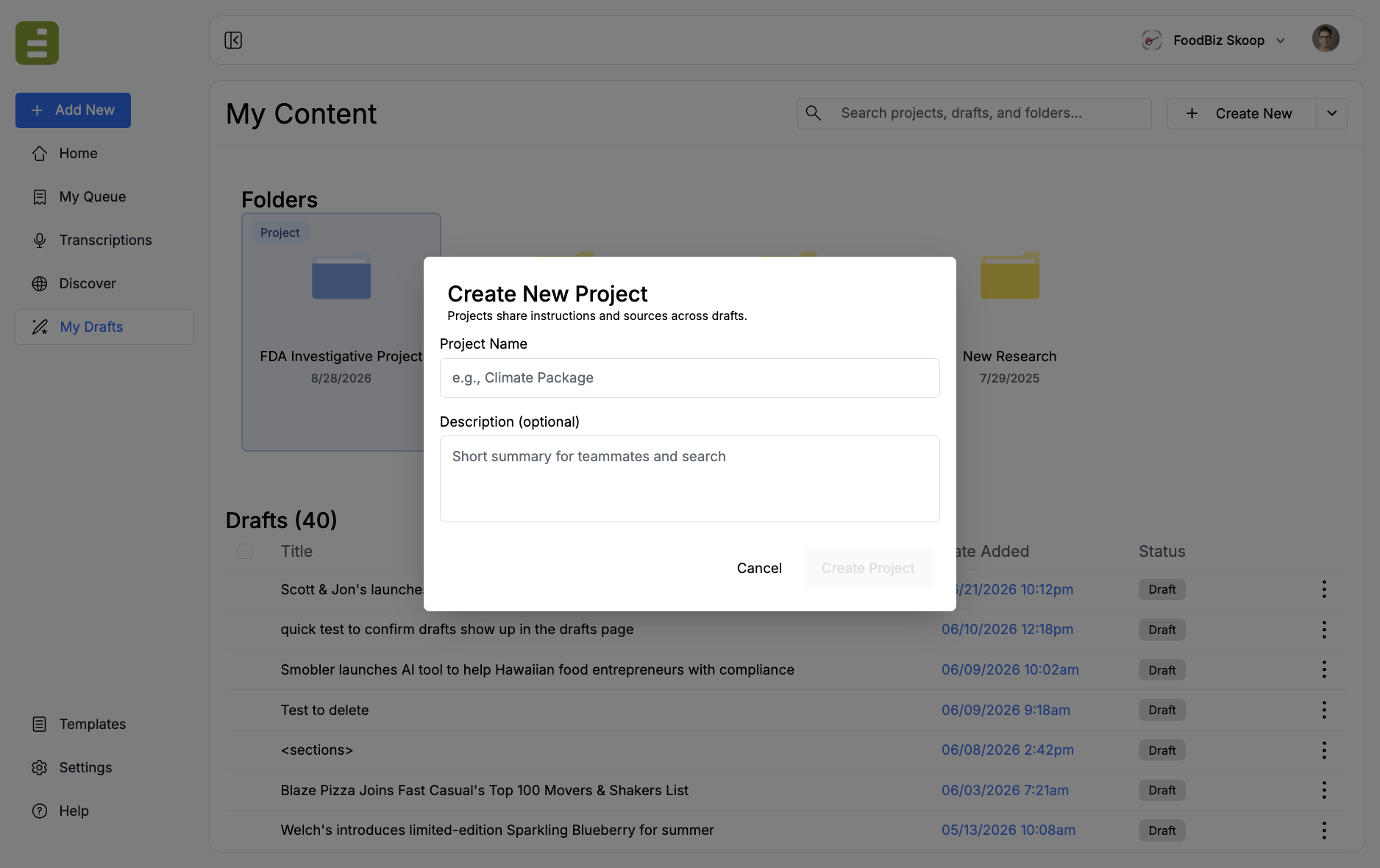 Create New Project modal with Project Name and optional Description
