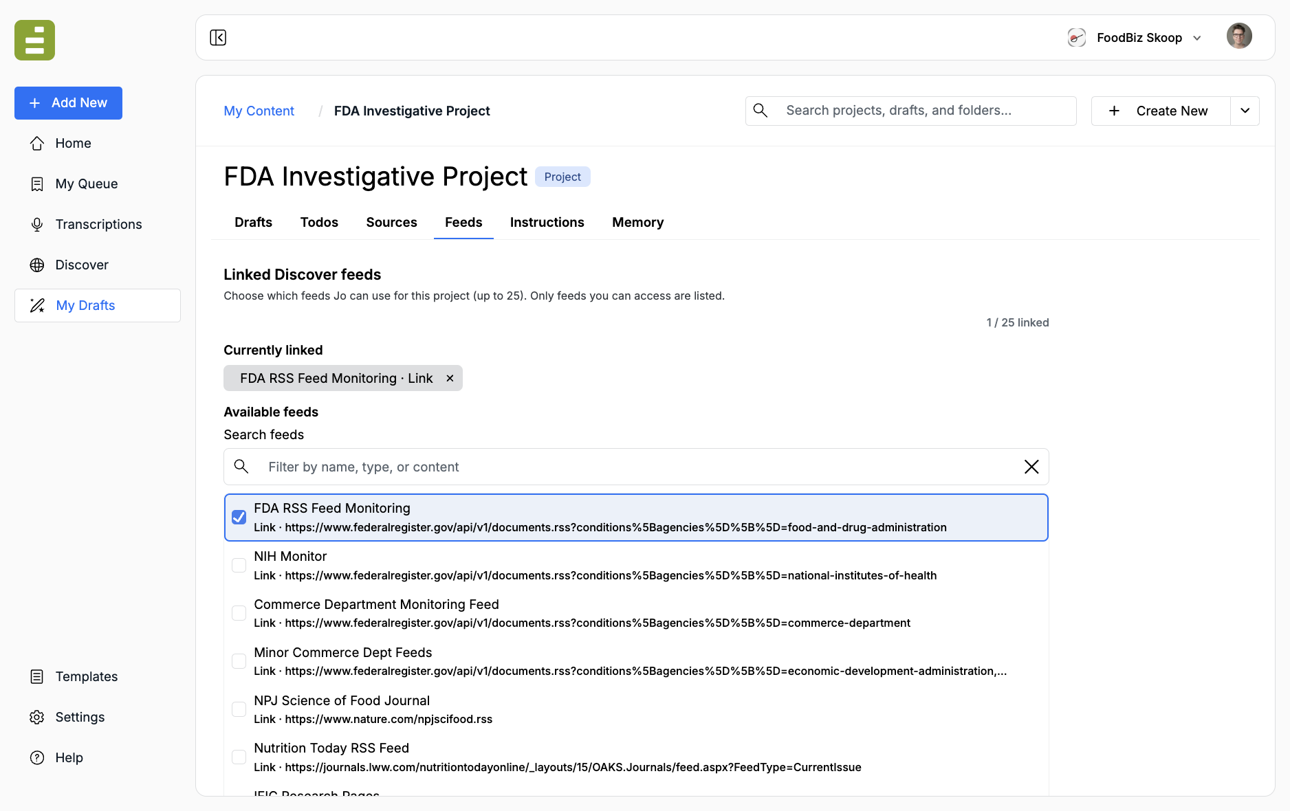 Linked Discover feeds with FDA RSS Feed Monitoring selected