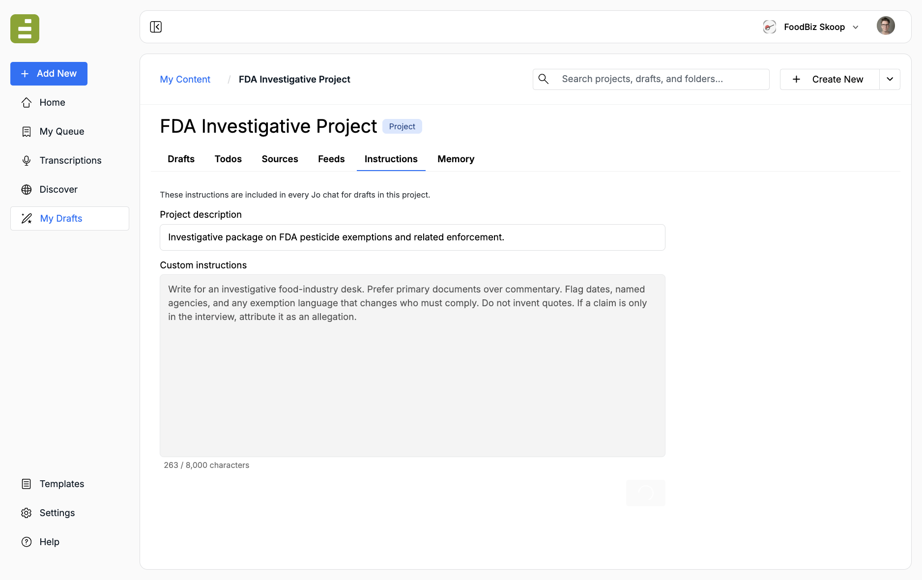 Project description and custom instructions for an investigative food-industry desk