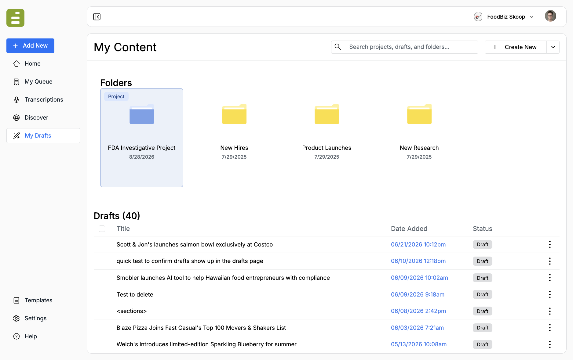 My Content with FDA Investigative Project marked as a Project next to regular folders