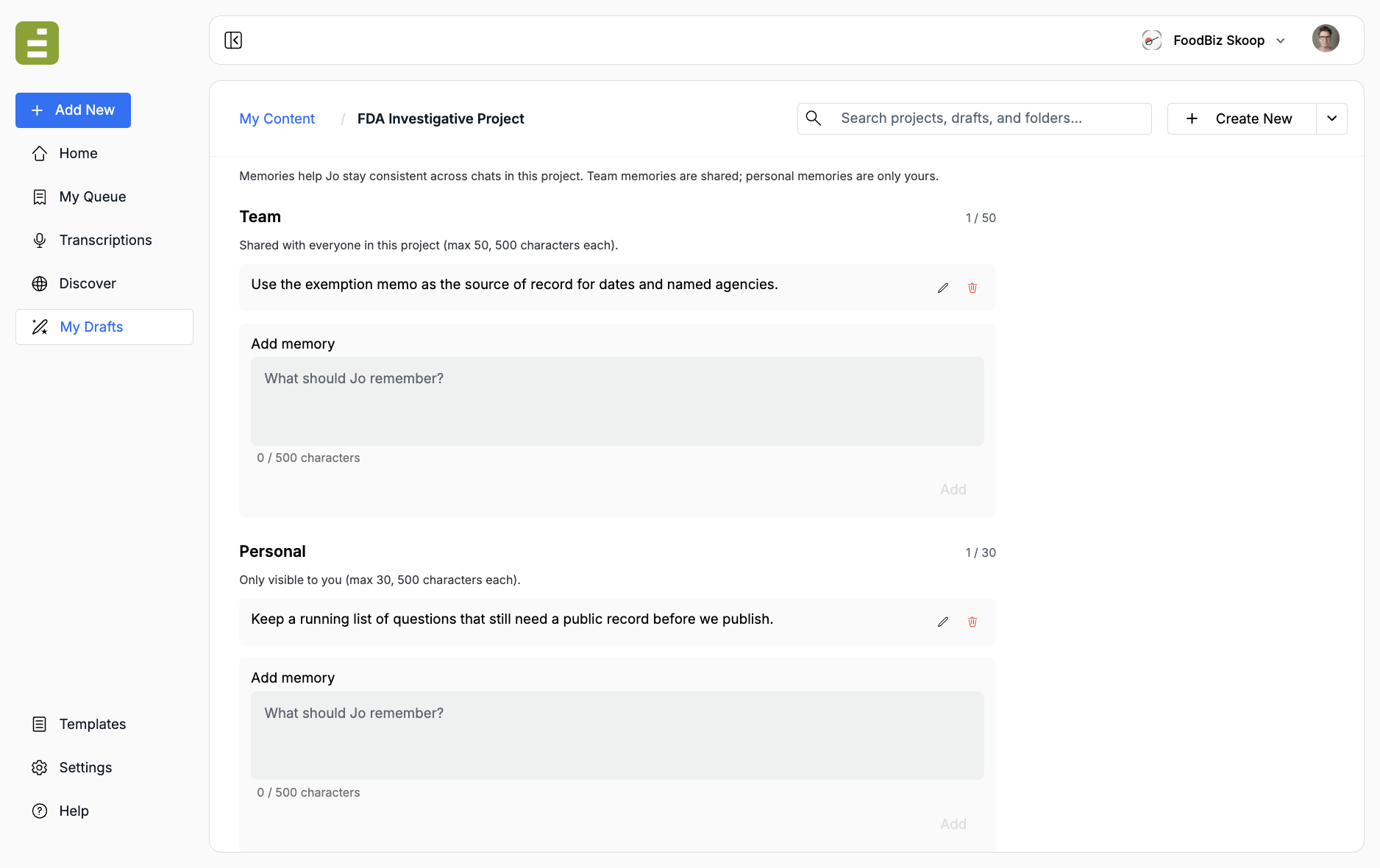 Team and personal project memories with add fields