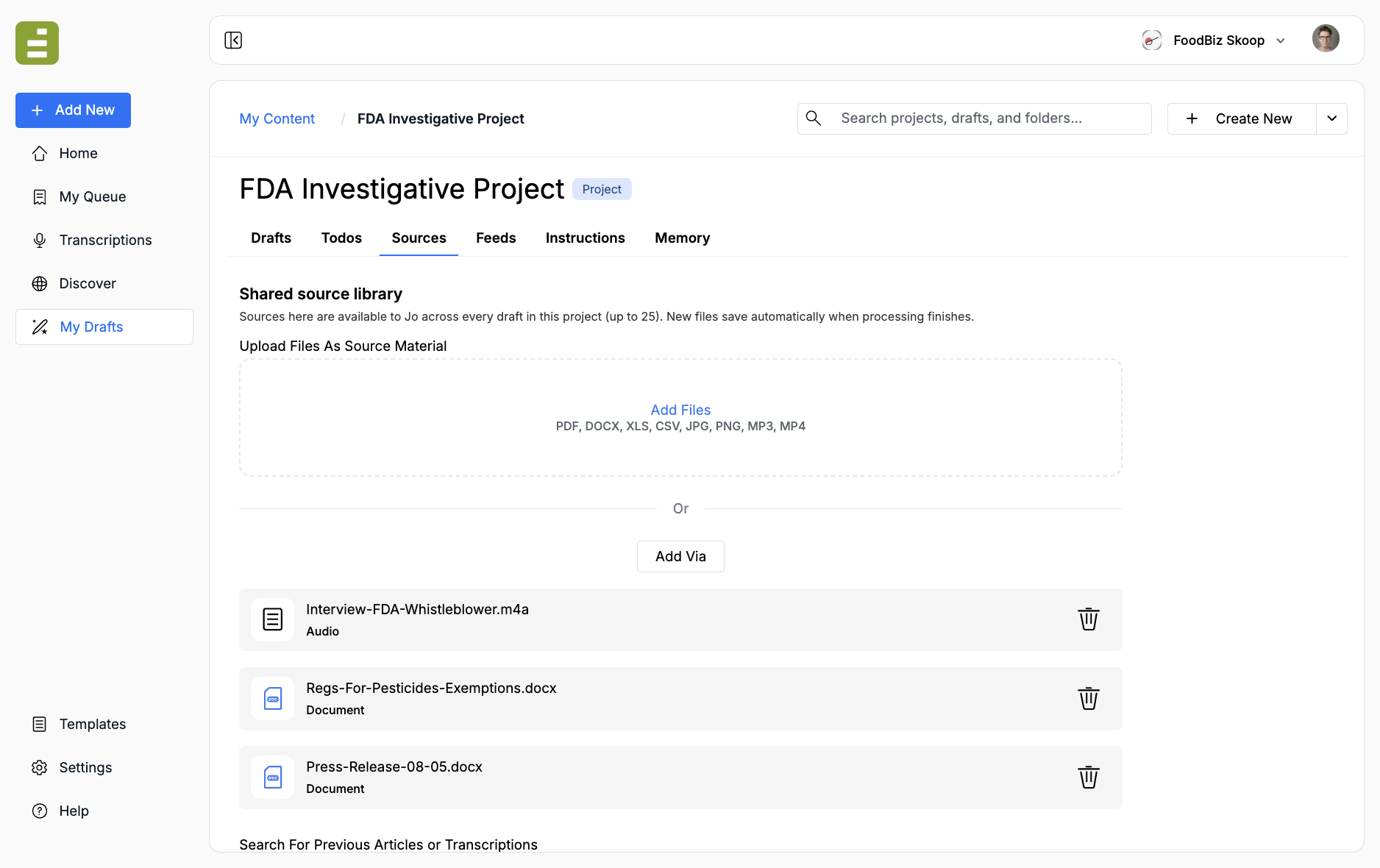 Shared source library with a drop zone and uploaded audio and document files