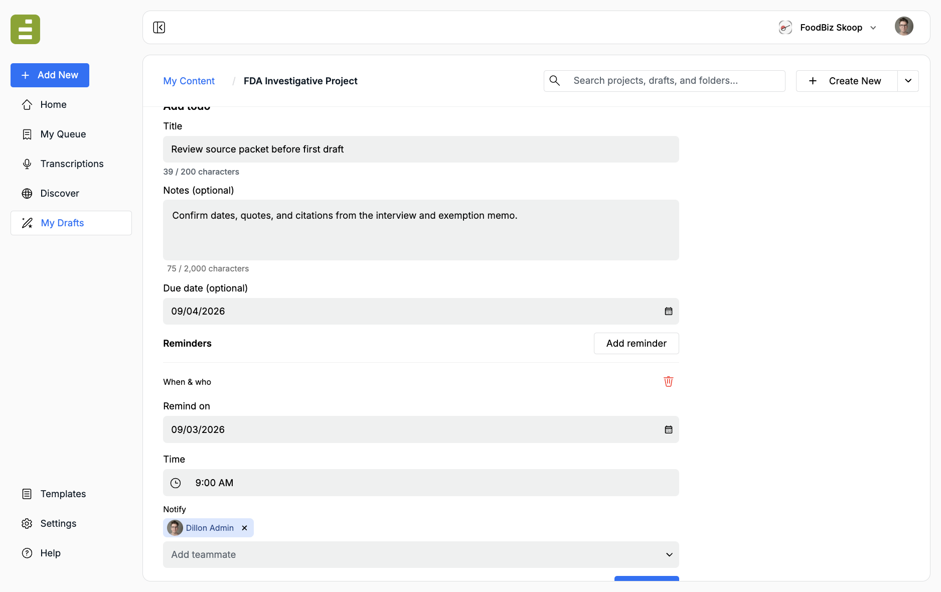 Add todo form with due date, reminder time, and a teammate to notify