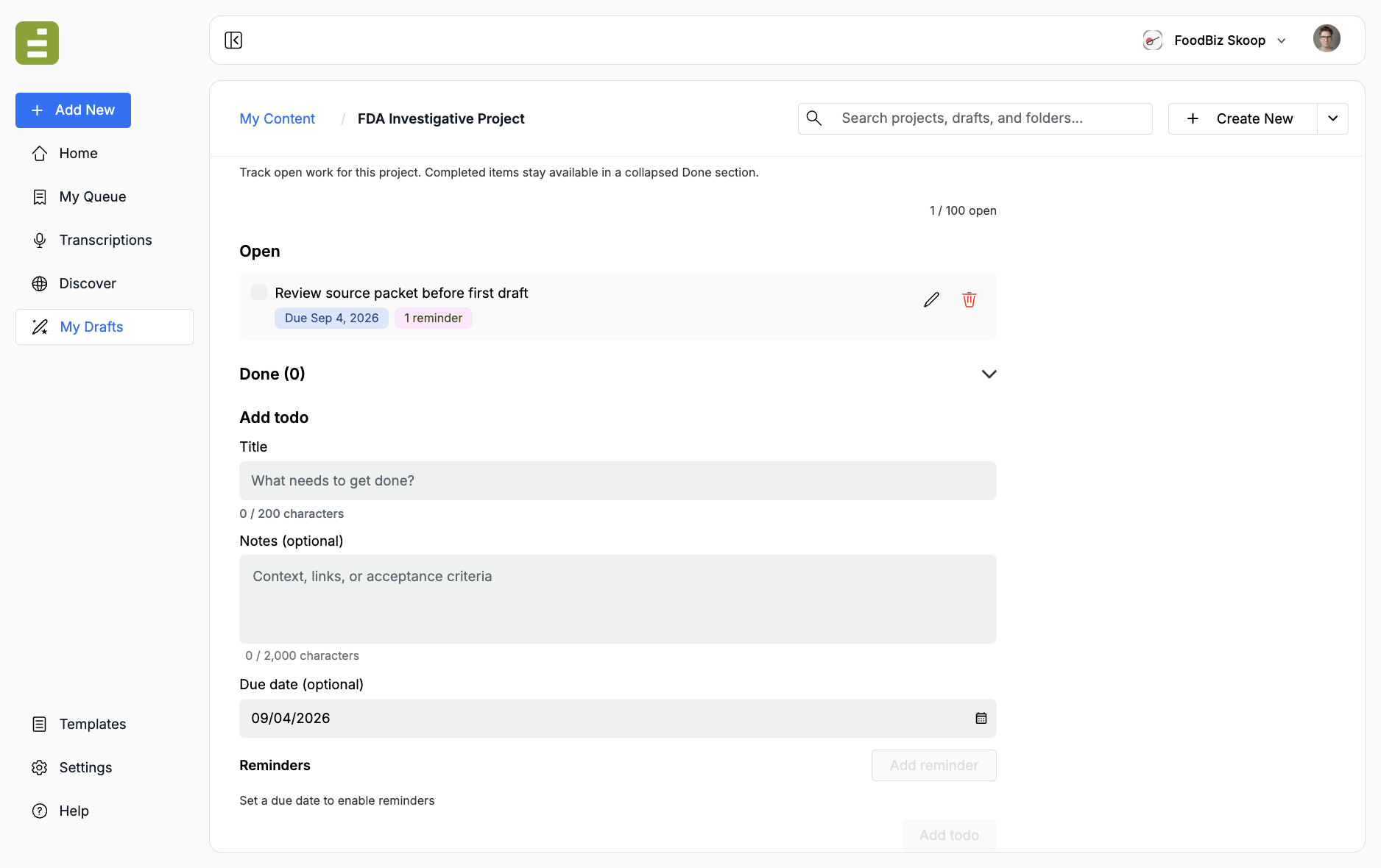 Open todo with a due date and reminder, plus the add-todo form