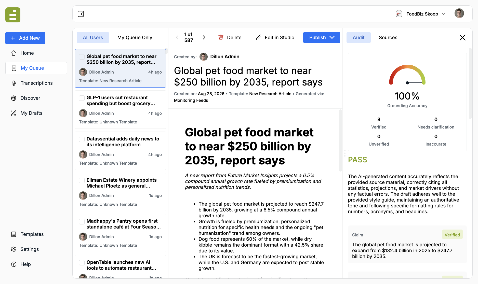 My Queue with a monitoring-feed story in review, Edit in Studio and Publish in the header, and an audit on the right