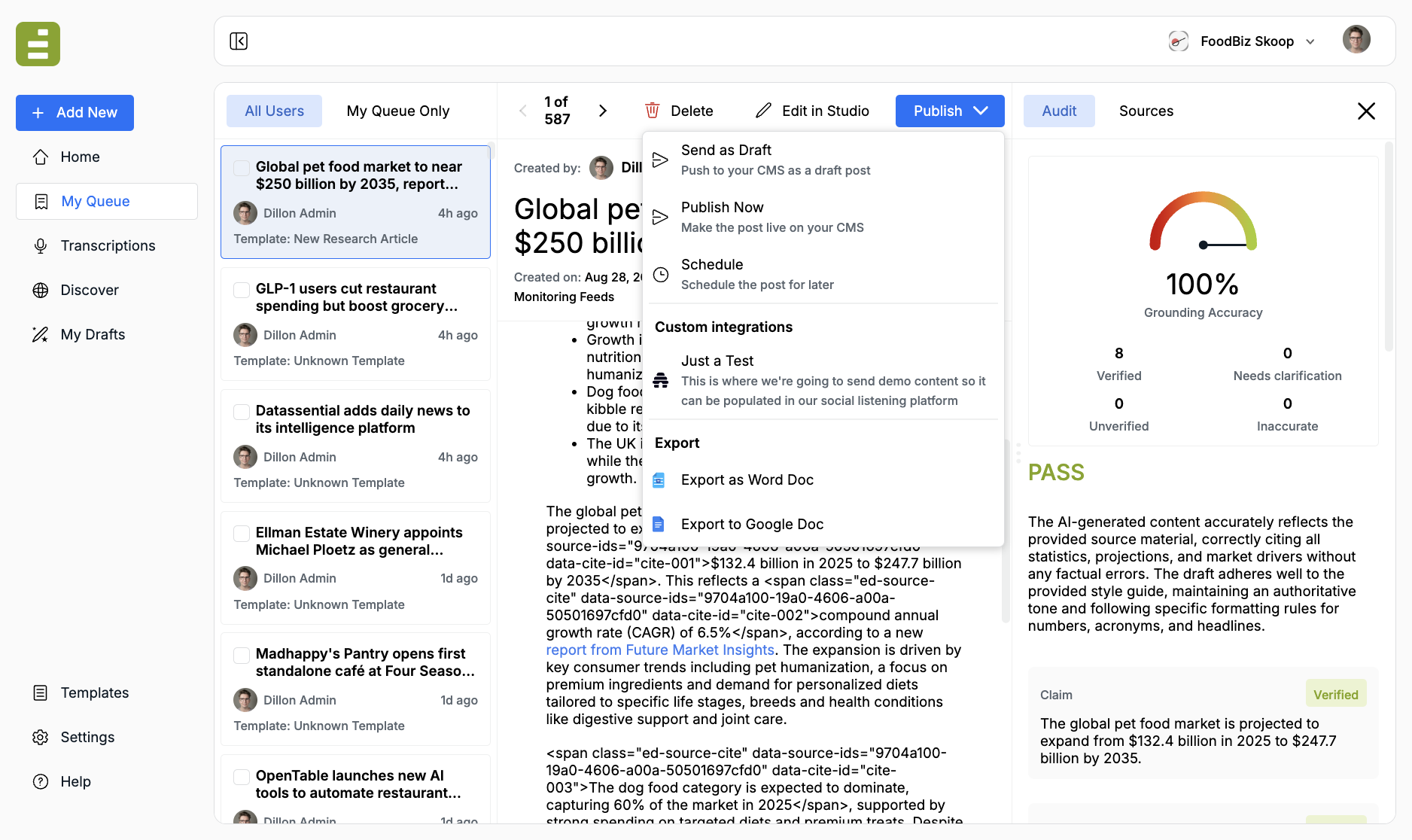 Publish menu on a queue item with Send as Draft, Publish Now, Schedule, and export options