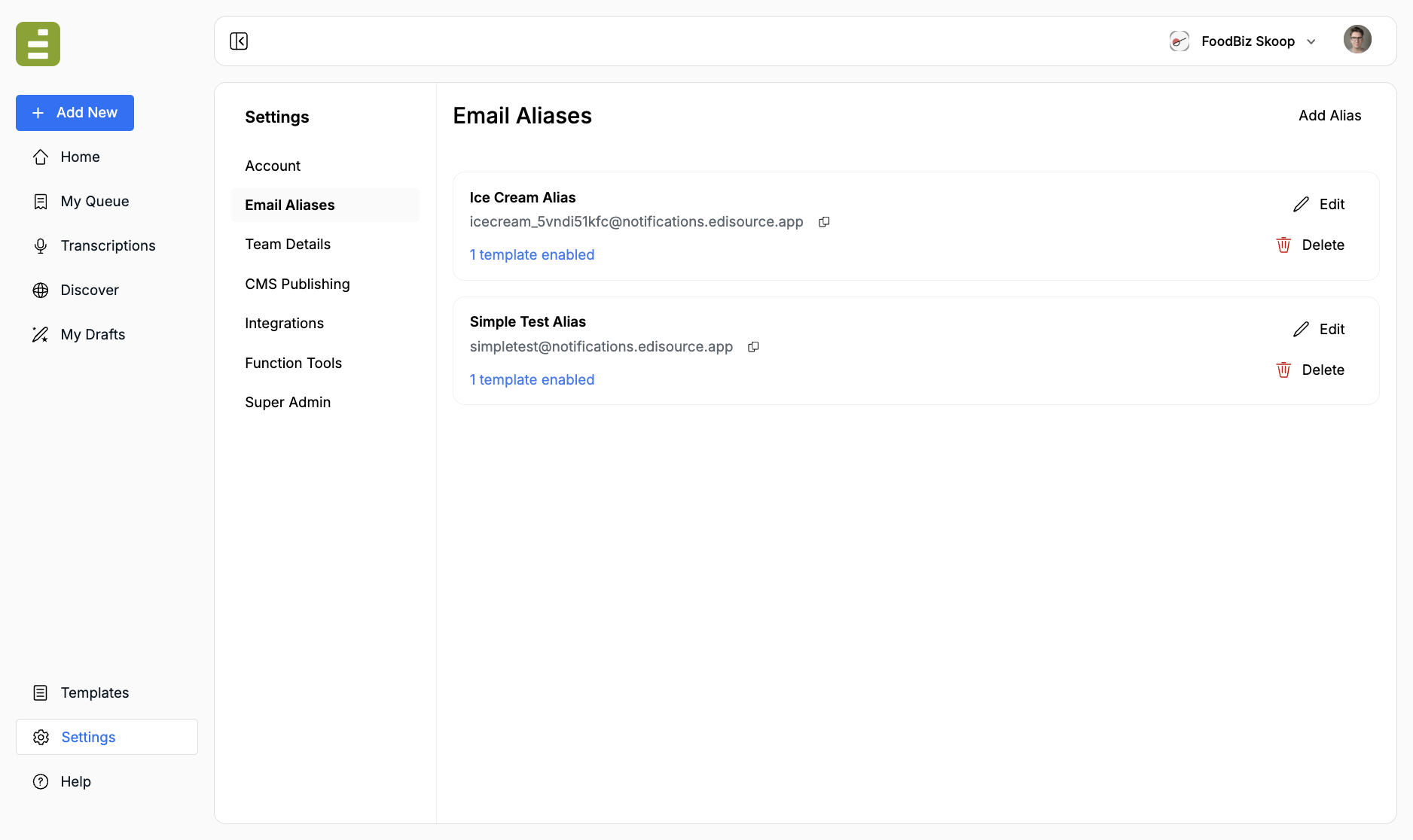 Settings → Email Aliases with two aliases and Add Alias