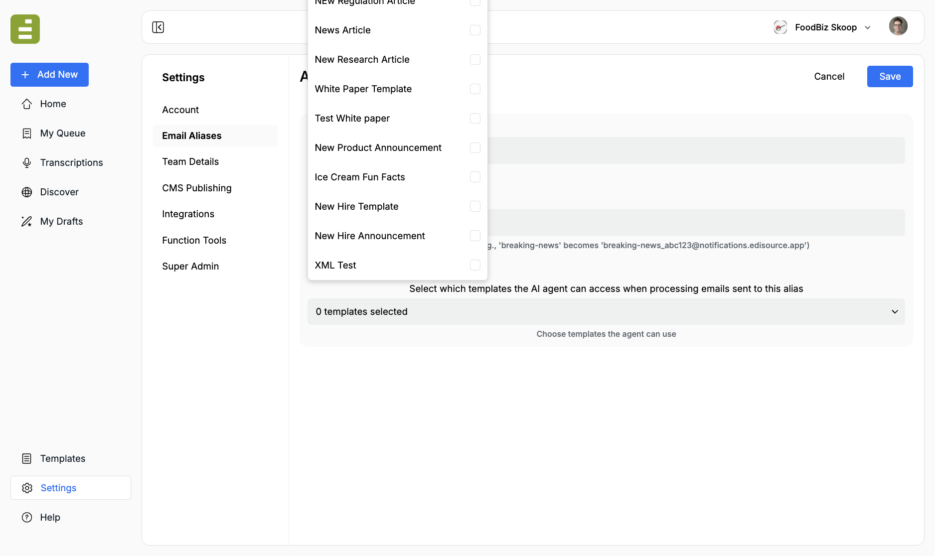 Add Email Alias form with a template picker open