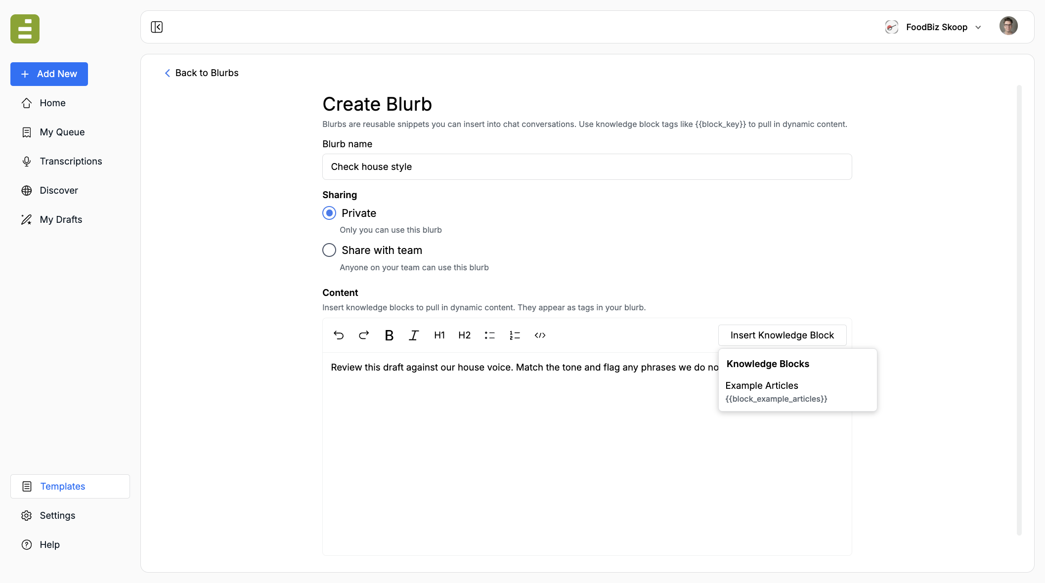 The Create Blurb editor with Check house style as the name, Private selected, and the Insert Knowledge Block menu open on Example Articles