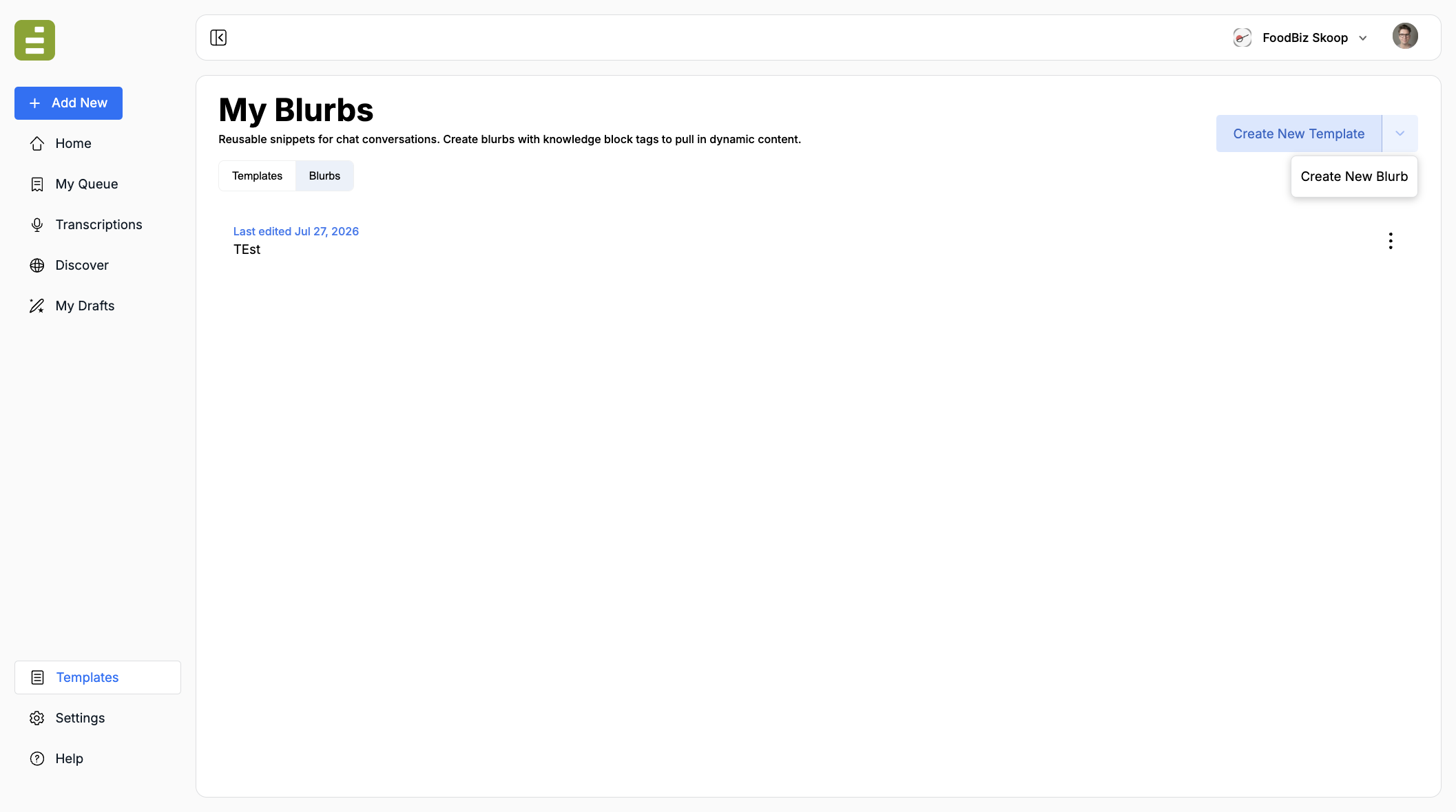 The My Blurbs library, with the Blurbs tab selected and Create New Blurb in the Create New Template dropdown