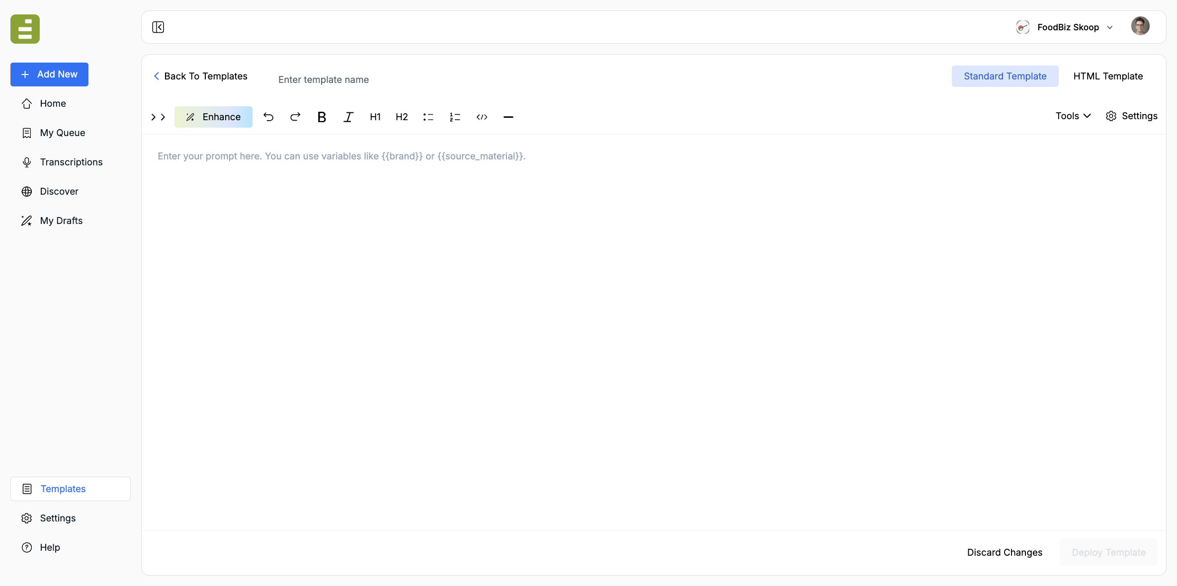 The empty template studio, with a name field, Standard Template selected, and a prompt editor
