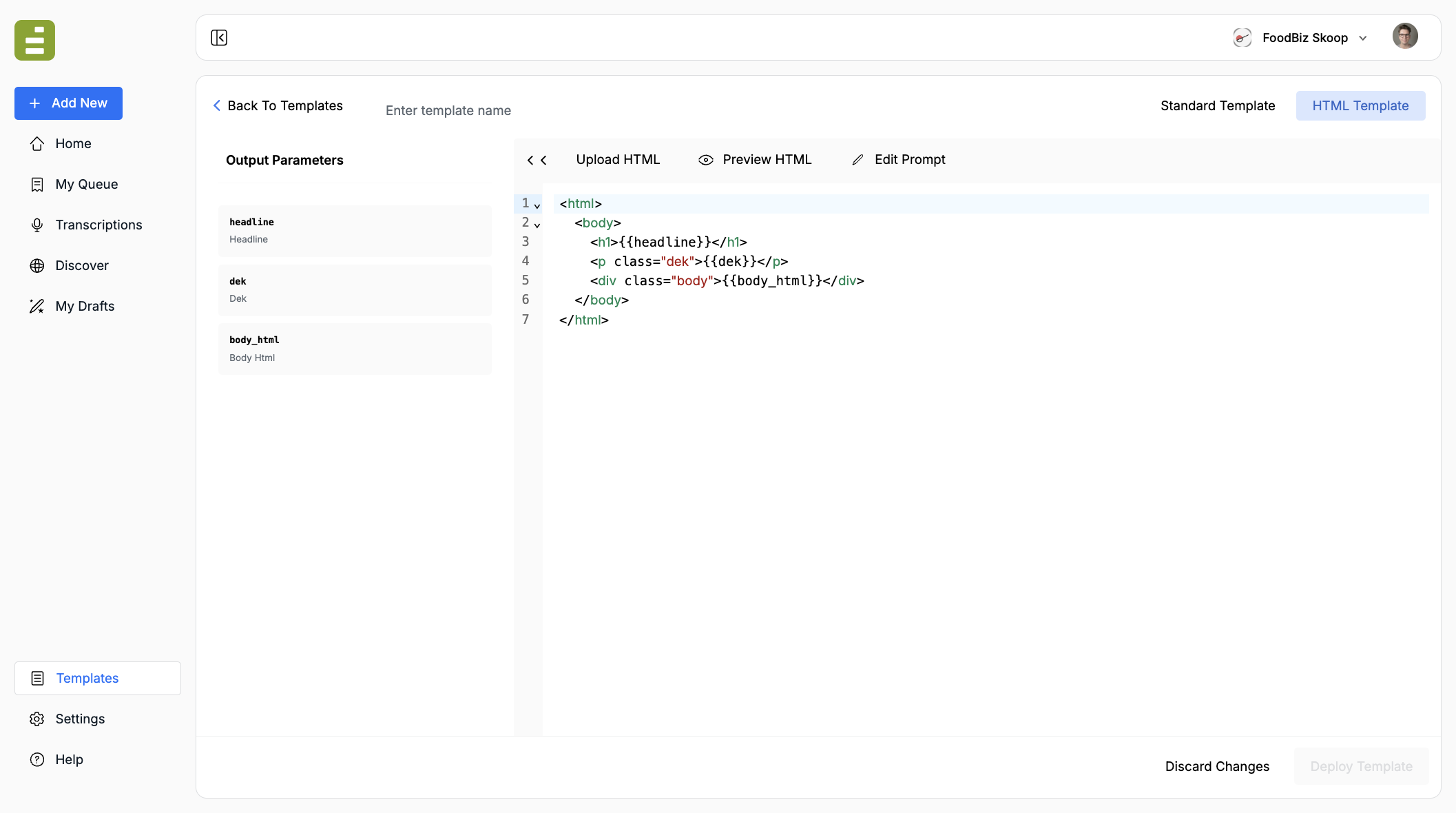 The HTML template editor with Output Parameters for headline, dek, and body_html next to Handlebars placeholders