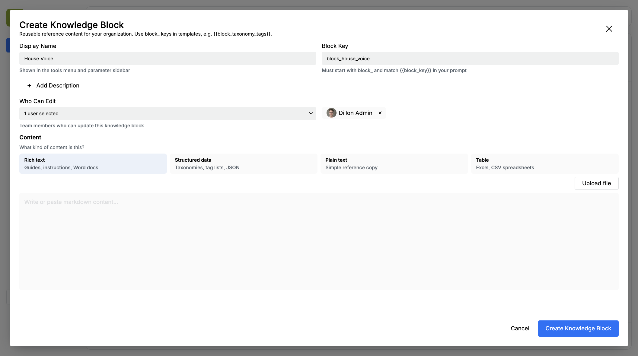 The Create Knowledge Block modal with Display Name House Voice, Block Key block_house_voice, and Rich text selected
