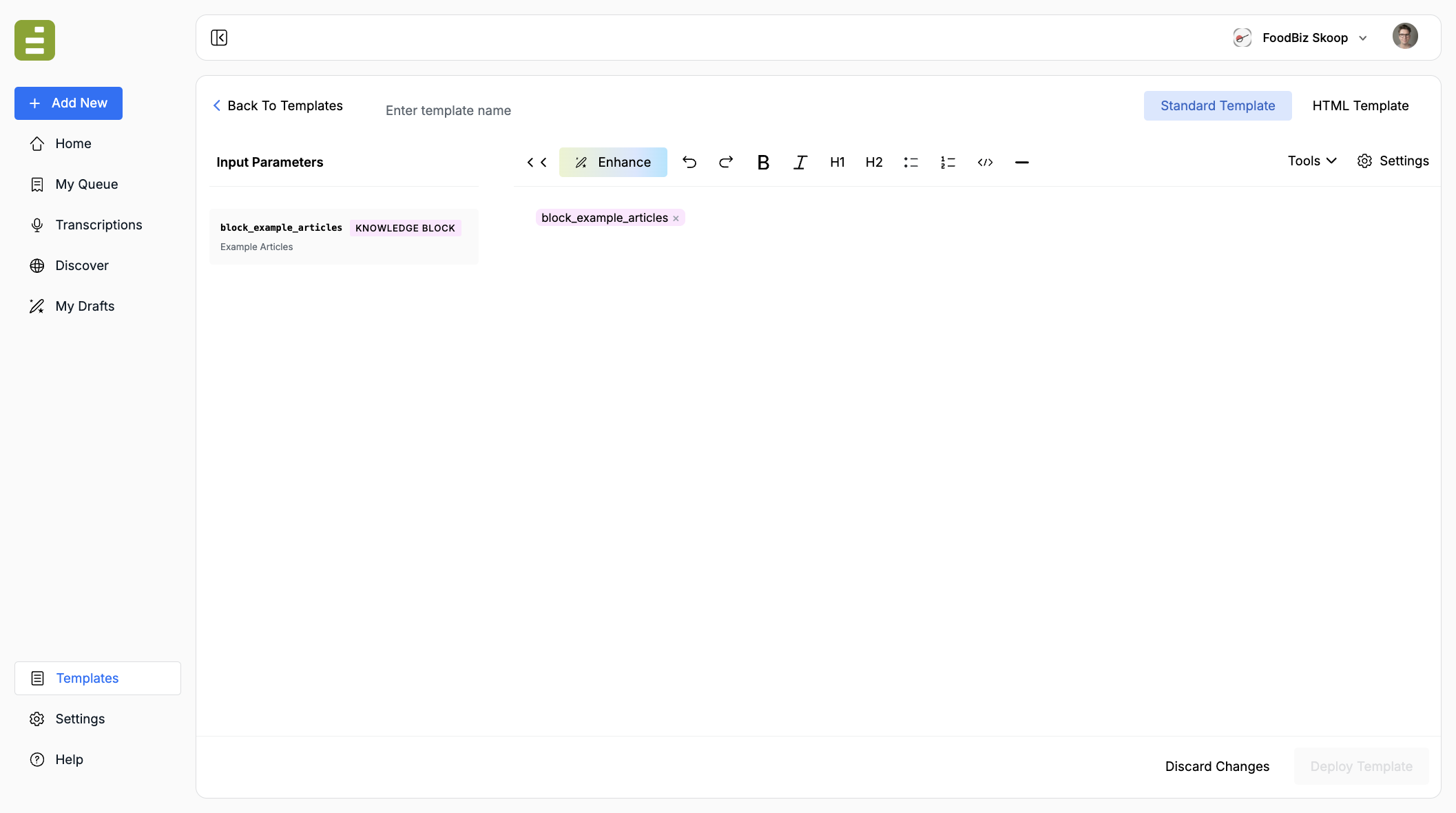 The template editor with a block_example_articles chip in the prompt and the same key listed as a Knowledge Block in Input Parameters