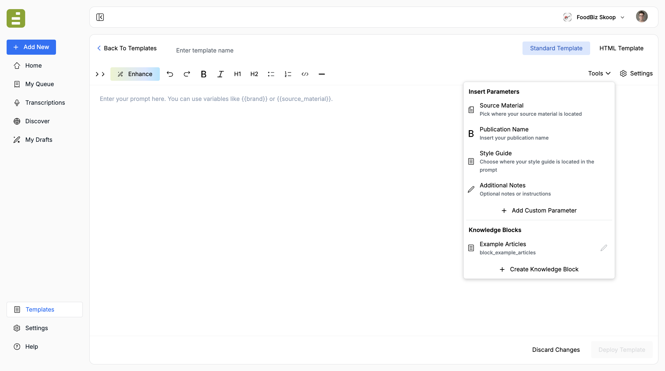The Tools menu in the template editor, with Insert Parameters above a Knowledge Blocks section and Create Knowledge Block