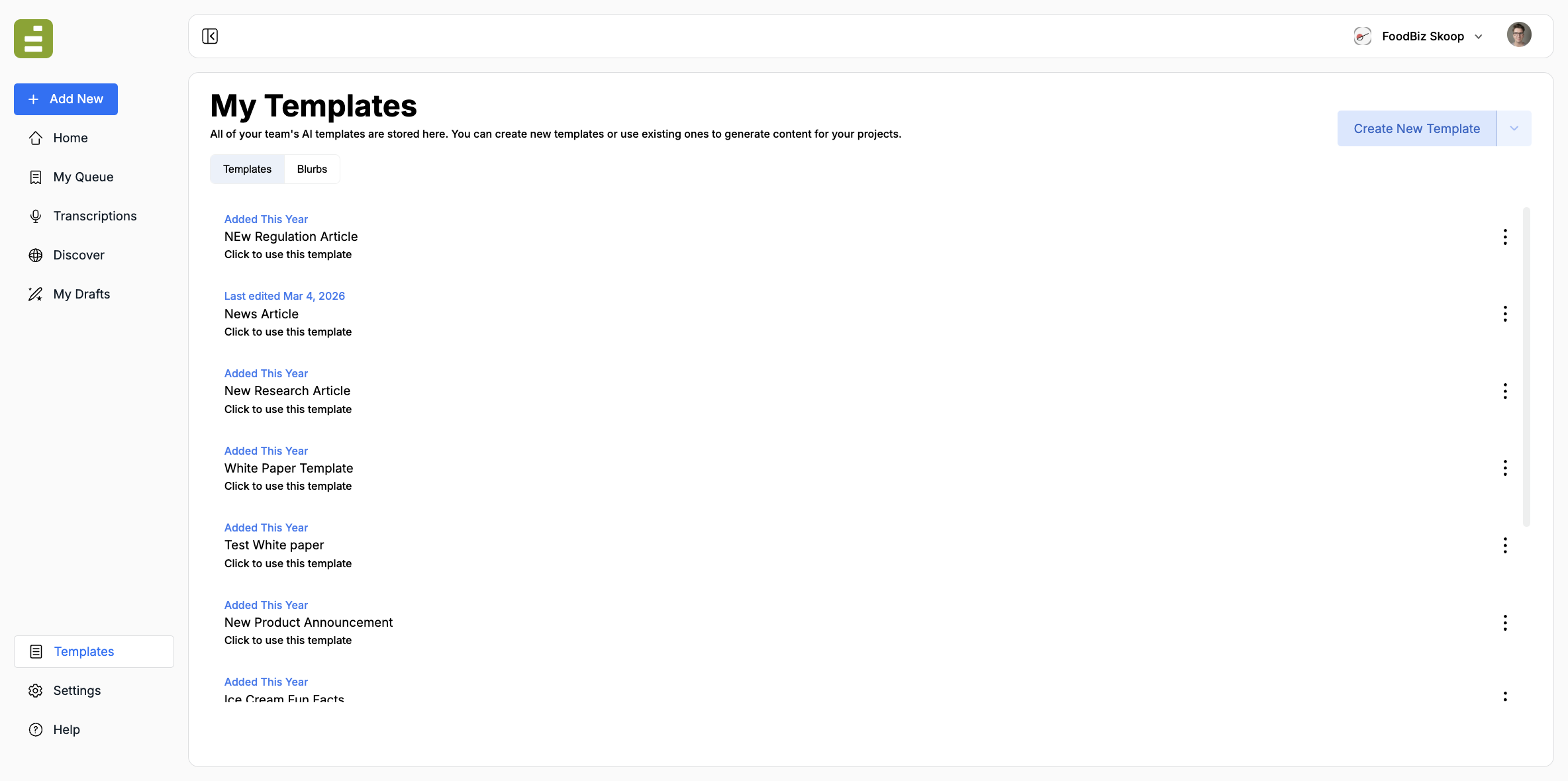 The My Templates library in Edisource, with Create New Template and a list of team templates