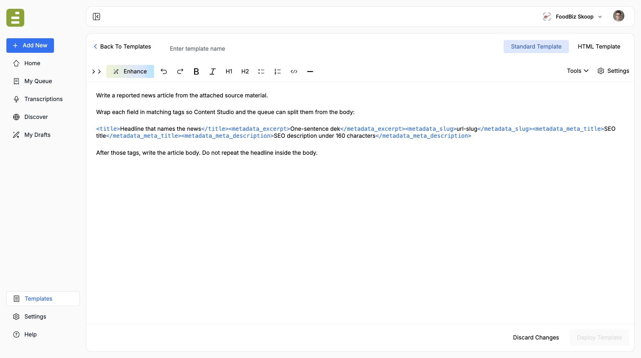 The template editor with title and metadata XML tags highlighted as chips in the assignment
