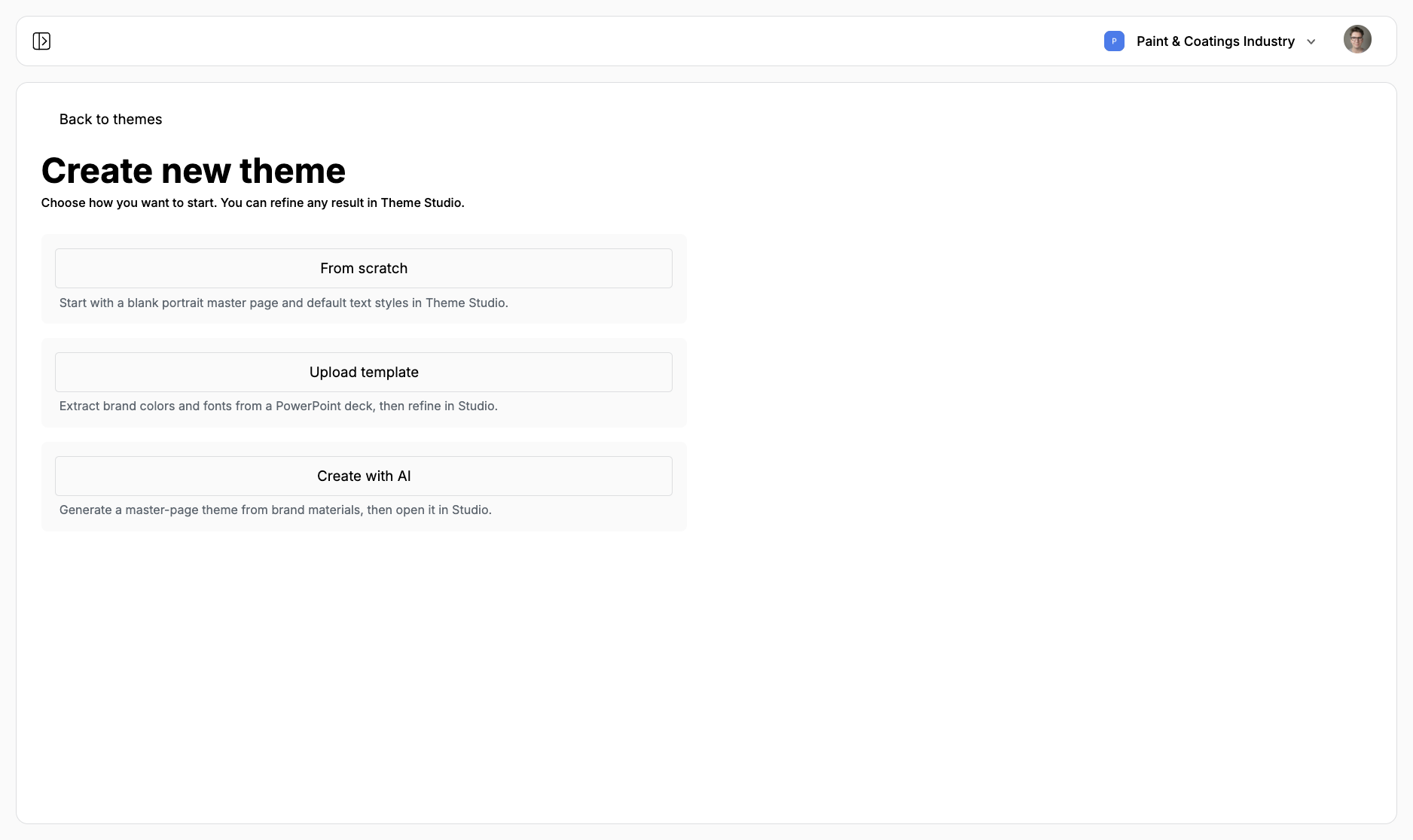 Create new theme with From scratch, Upload template, and Create with AI