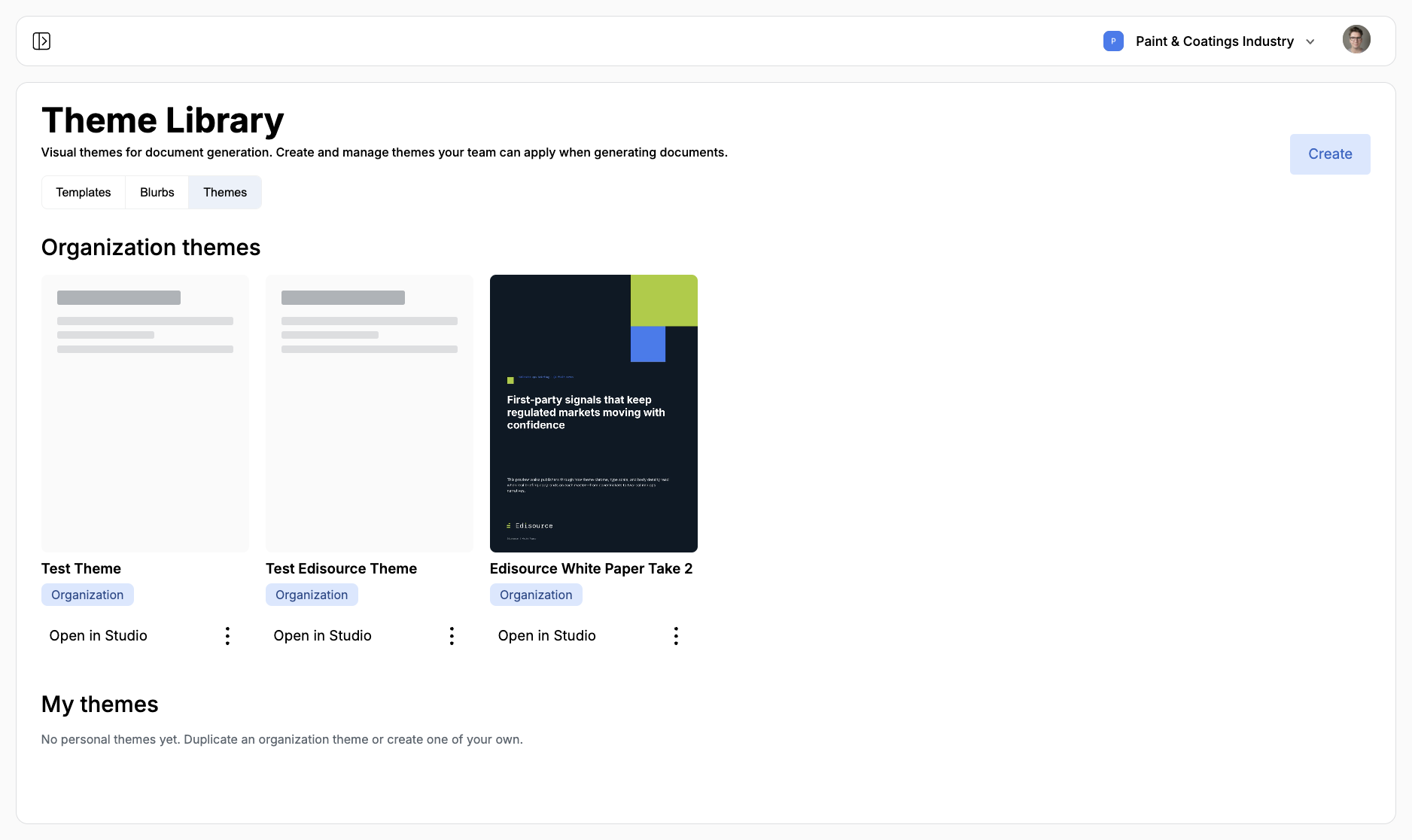 Theme Library with Organization themes, Open in Studio, and a Create button
