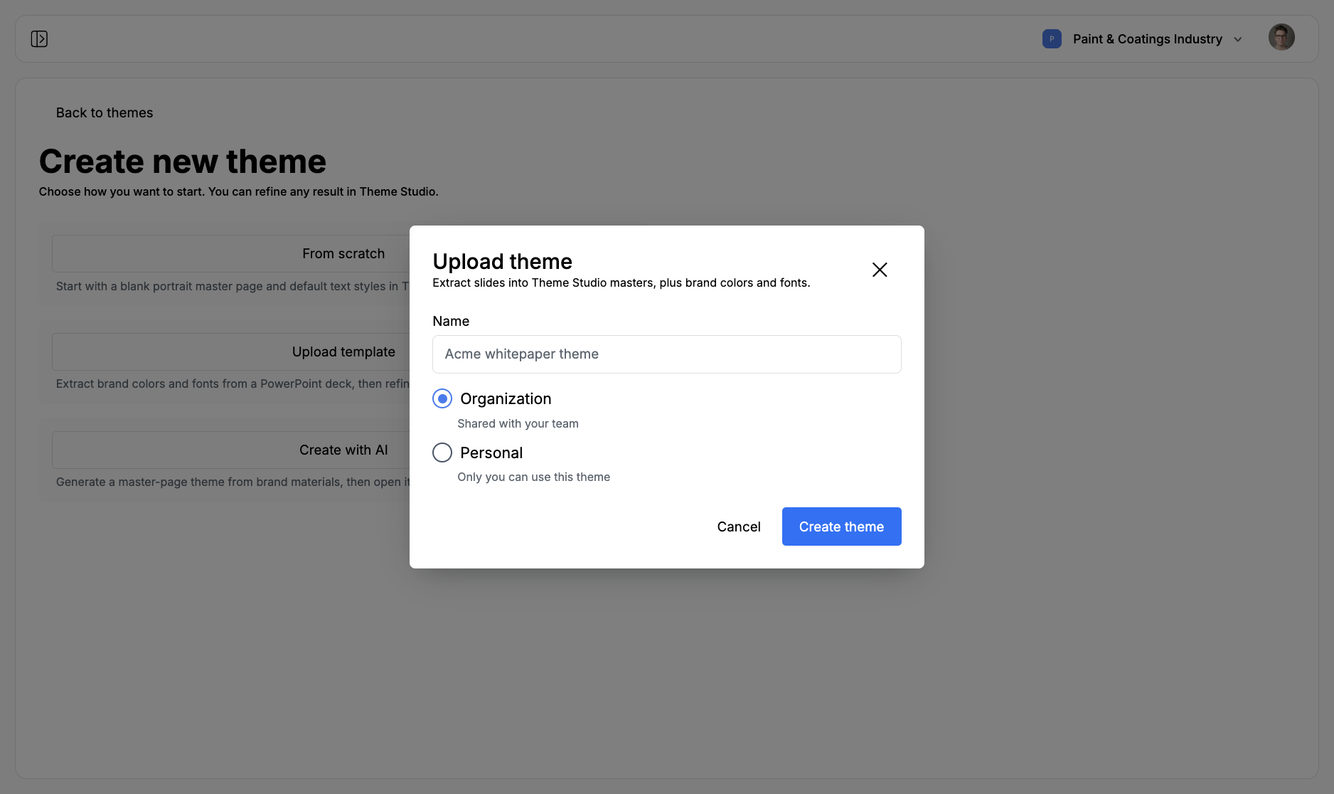 Upload theme modal with Name, Organization or Personal, and a Create theme button